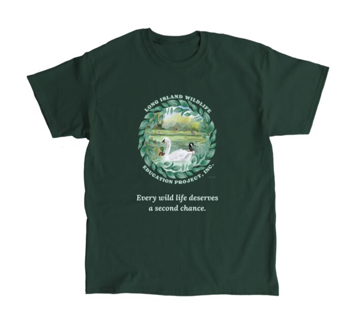 Forest green Wildlife Tee with the watercolor logo and tagline in a soft light ink.