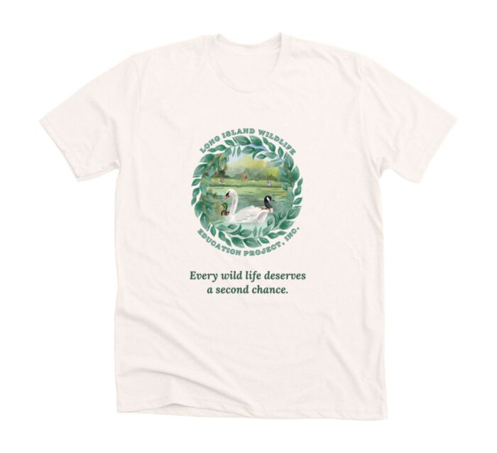 Cream Wildlife Tee with the Long Island Wildlife Education Project watercolor logo and the words Every wild life deserves a second chance.